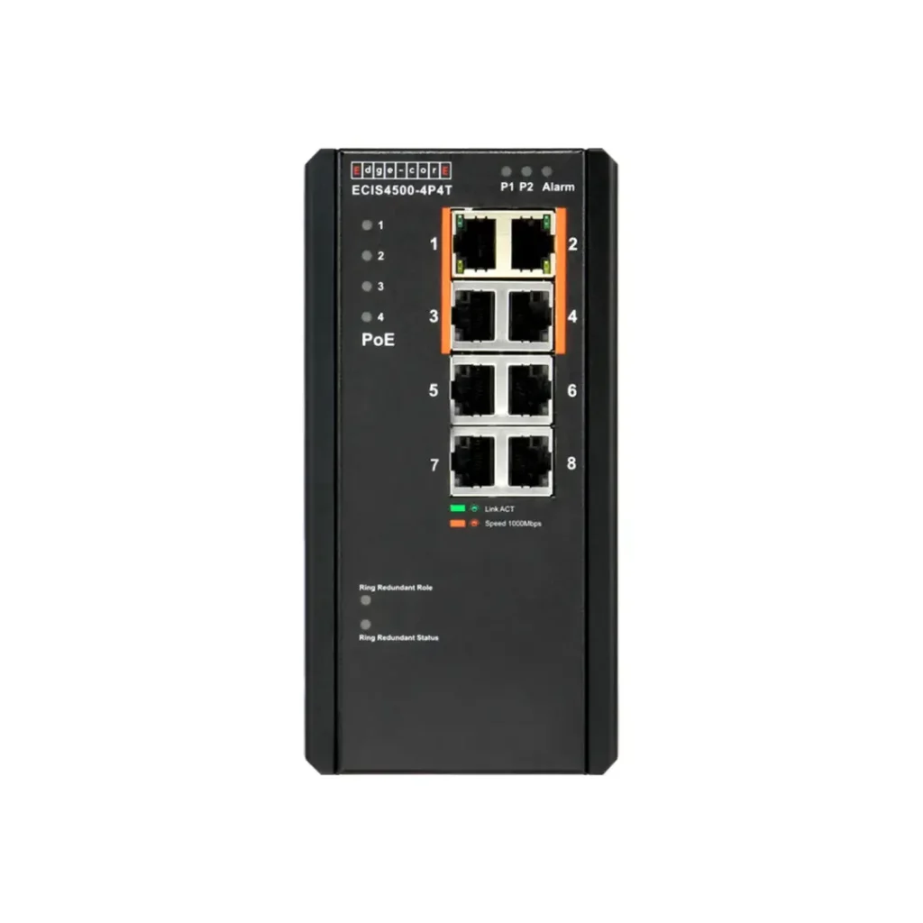 Edge-Core Endüstriyel Gigabit Ethernet Switch ile 4 10/100/1000BASE-T PoE+ Portları, 4 10/100/1000BASE-T SFP Girişleri(4x 30W) Stok Kodu: ECIS4500-4P4T