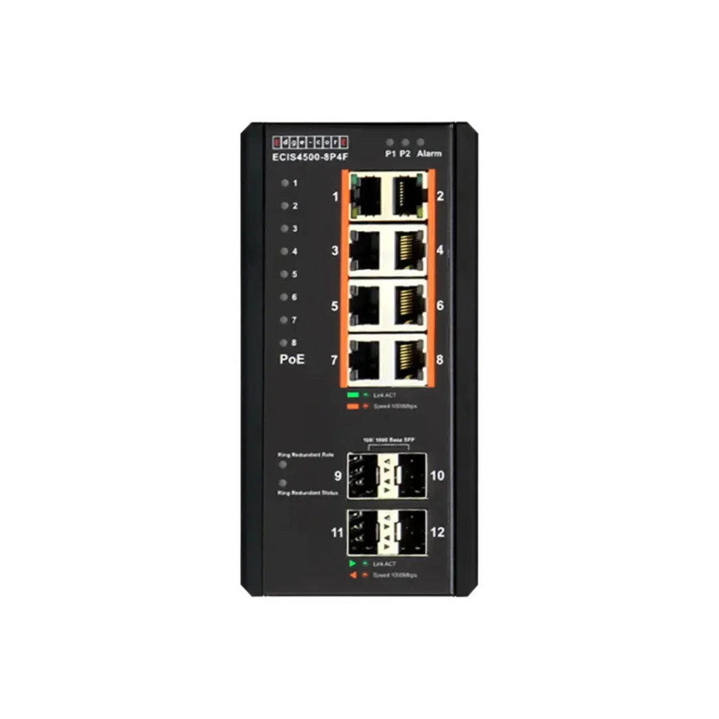 Edge-Core Endüstriyel Gigabit Ethernet Switch, 8 adet 10/100/1000BASE-T PoE+ portu, 4 adet 10/100/1000BASE-X SFP yuvası (her biri 8x 30W)